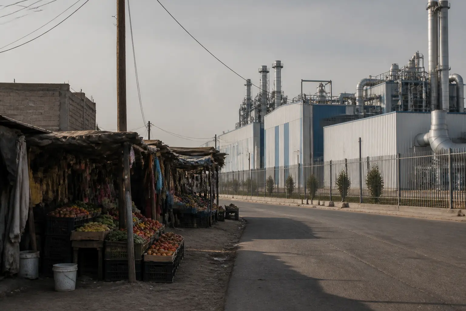 Контраст між сучасним заводом і вуличною торгівлею в Мексиці