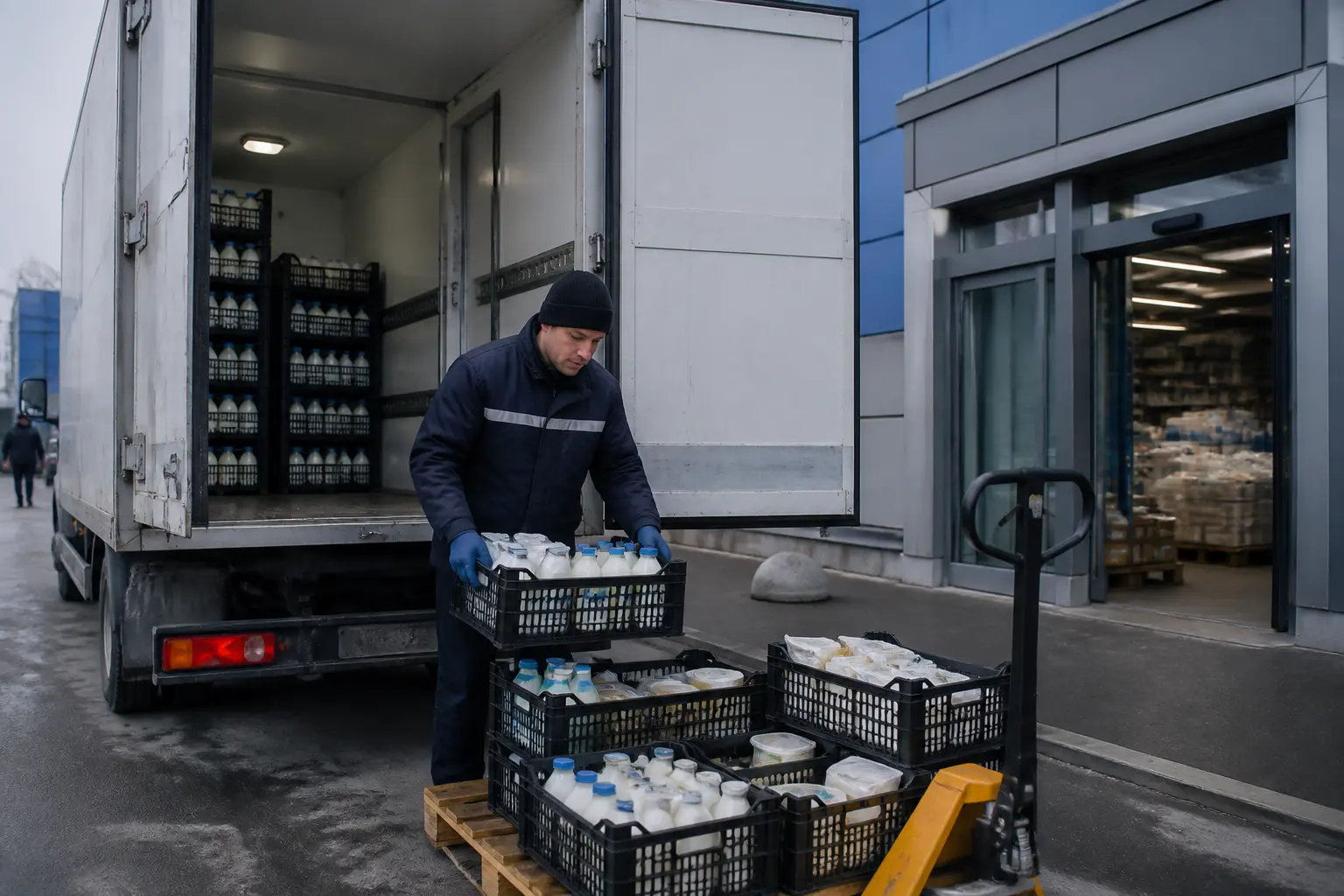 Розвантаження ящиків із молочною продукцією