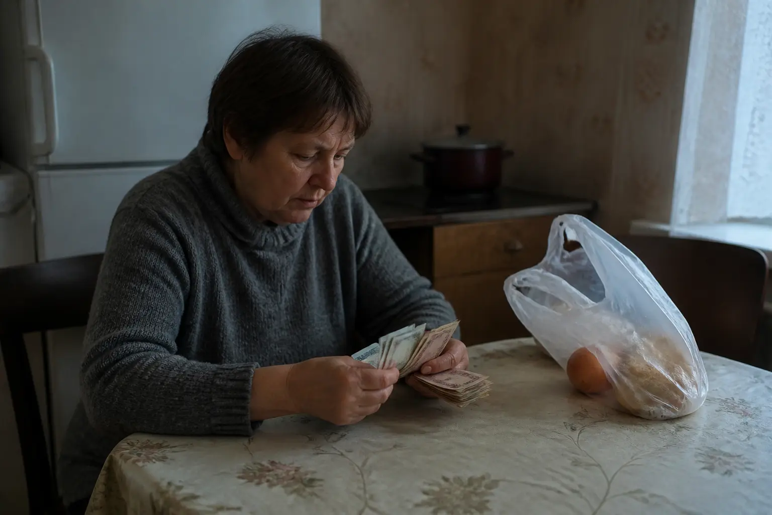 Людина перераховує банкноти за кухонним столом біля майже порожньої сумки