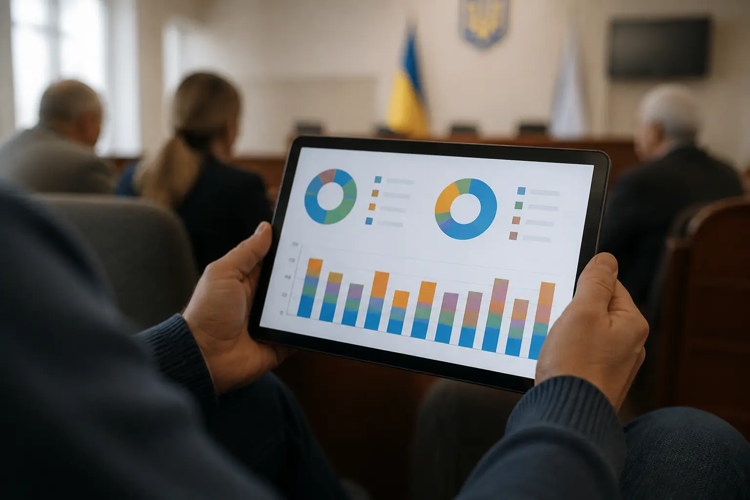 Аналіз міського бюджету на планшеті з діаграмами доходів і видатків