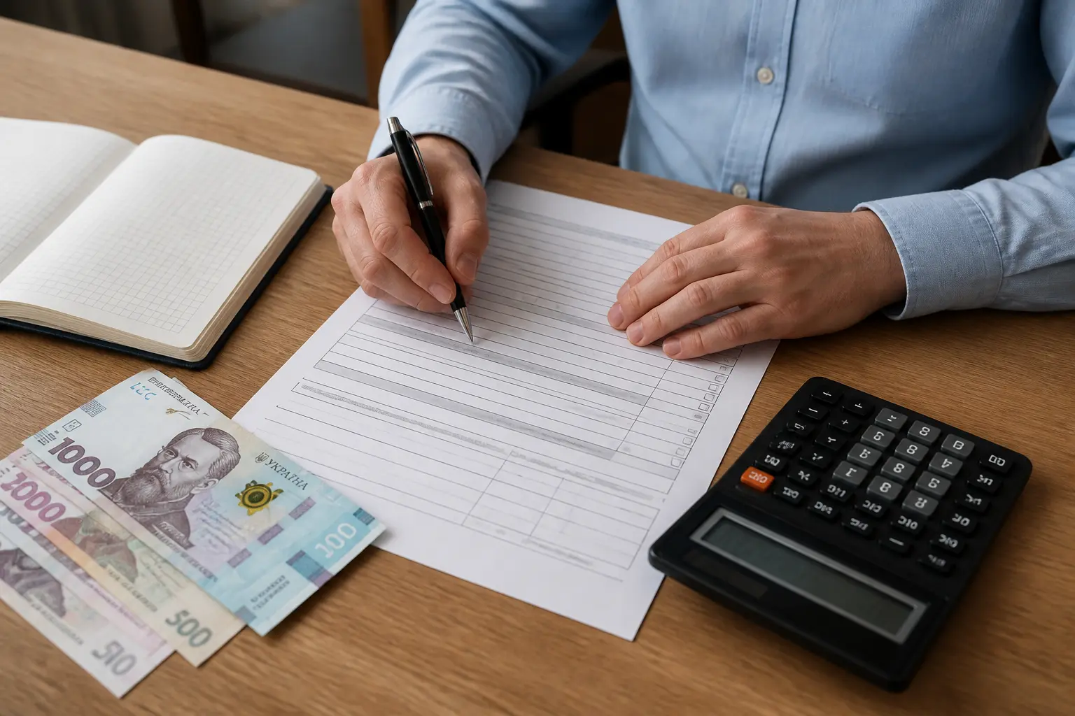 Заповнення податкової декларації поруч із калькулятором і гривнями