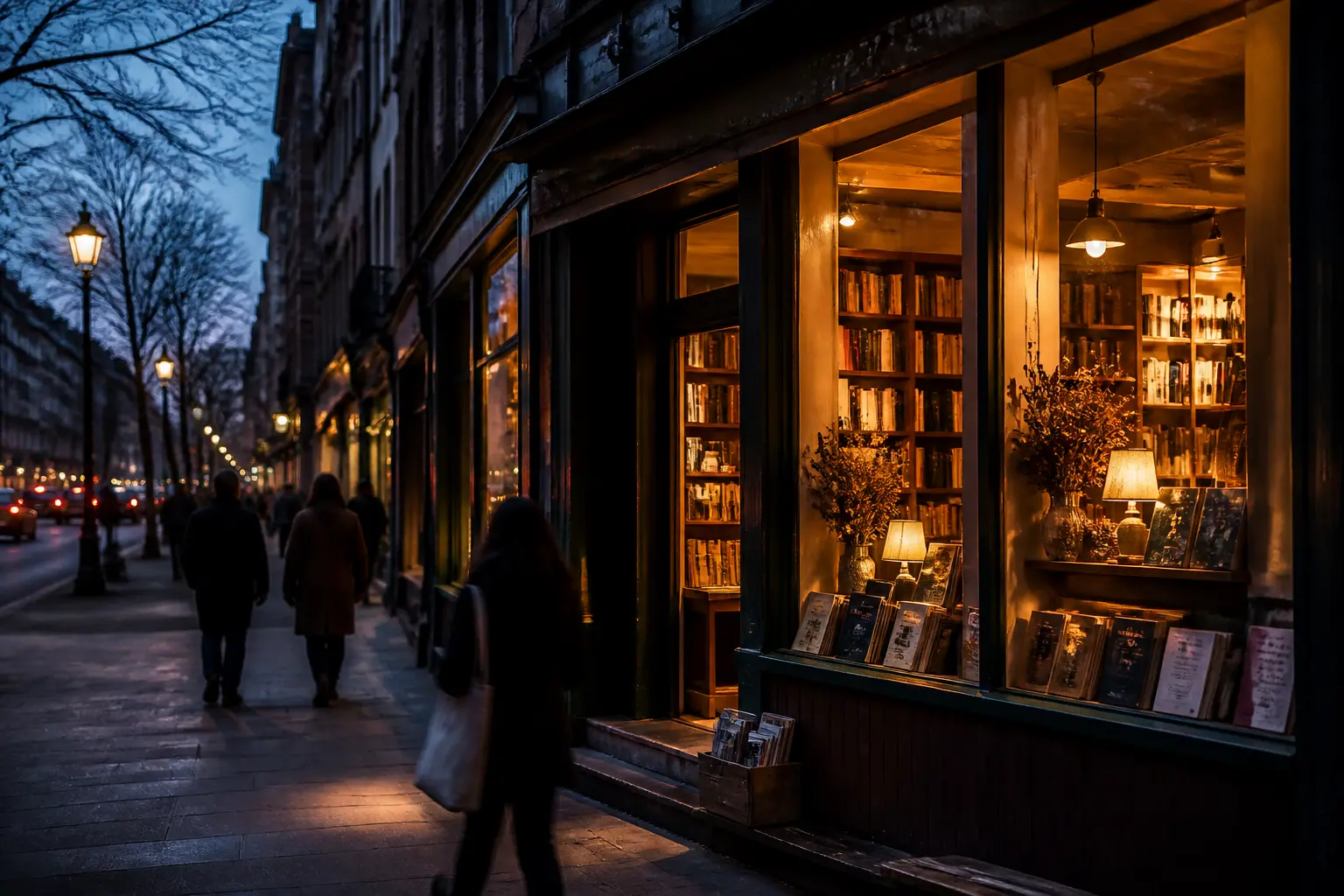 Вечірня вулиця з теплим світлом у вікні невеликої книгарні
