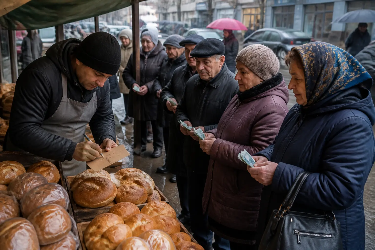 Продавець на ринку переписує цінник біля хліба, покупці з грошима в руках