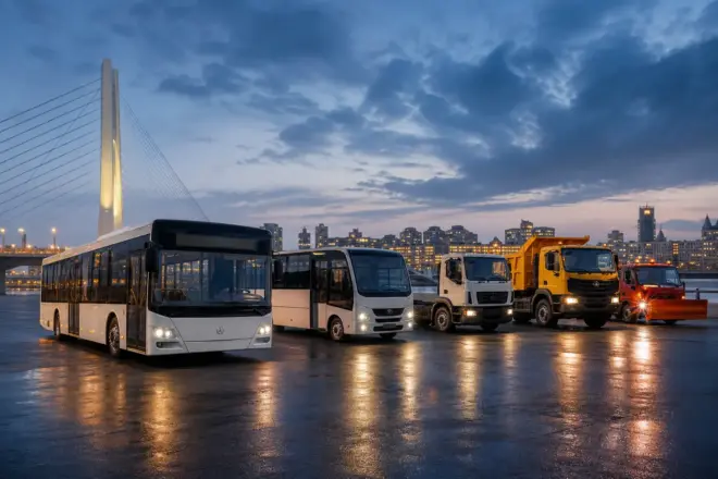 Умовний колаж автобусів і вантажного транспорту; не фото модельного ряду Еталон