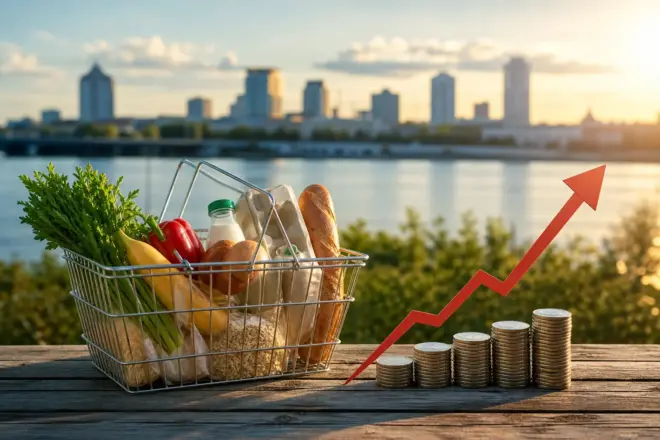Кошик продуктів, монети й умовна стрілка зростання цін