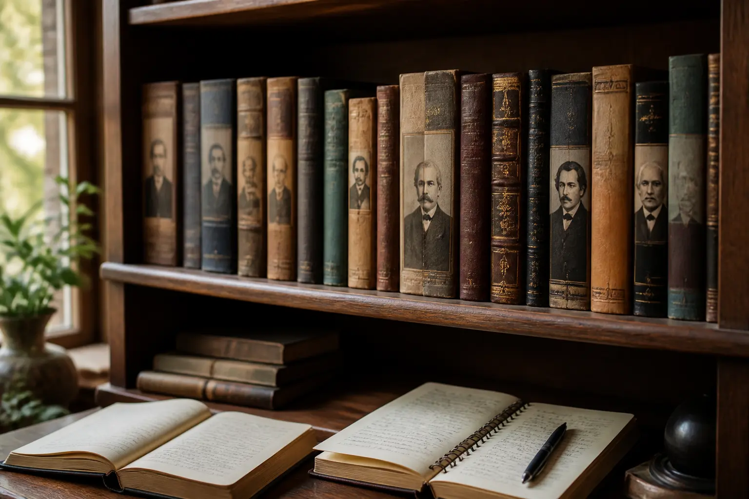 Полиці з біографічними книгами та записниками в теплому природному світлі