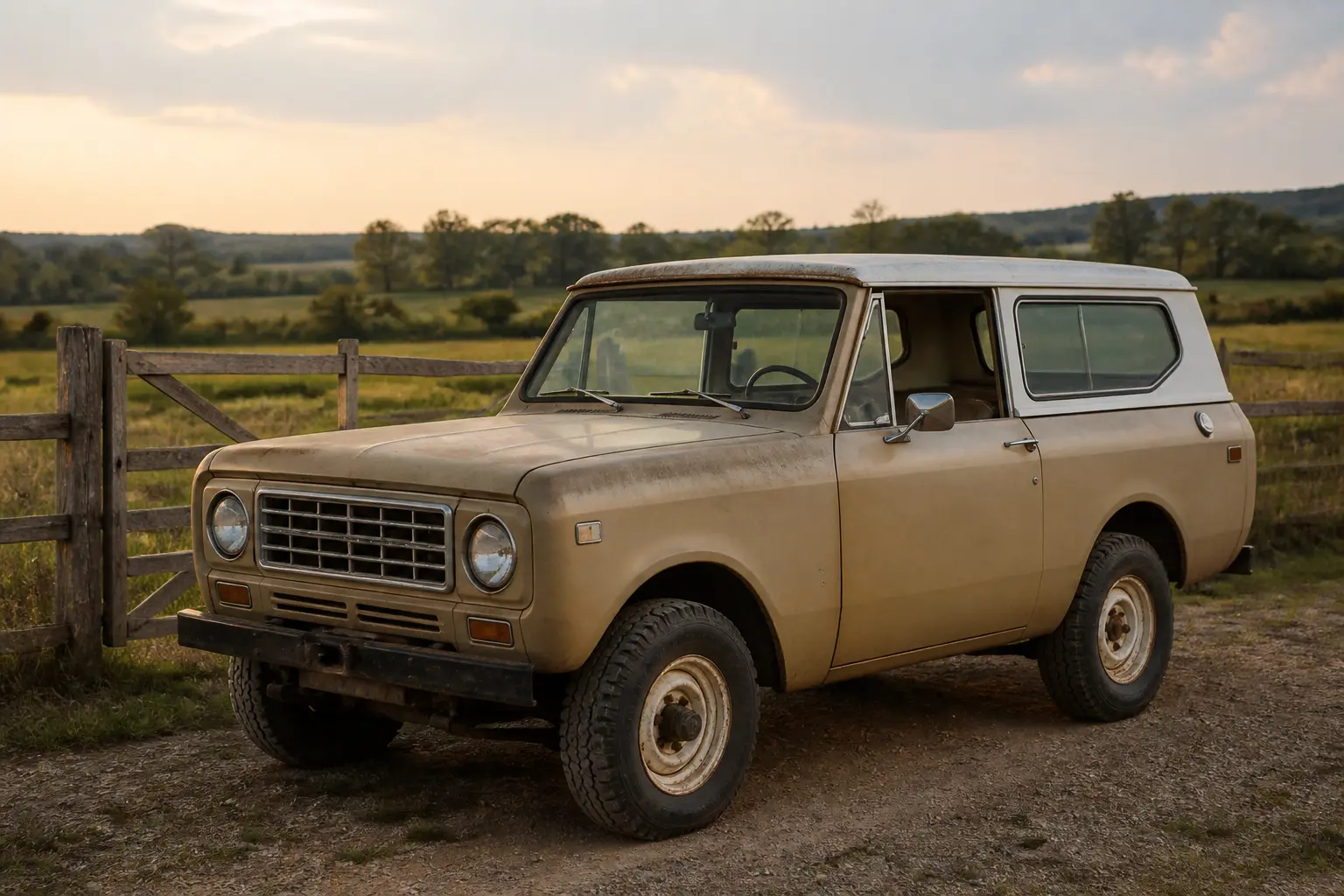 Классический International Harvester Scout II на фоне фермы