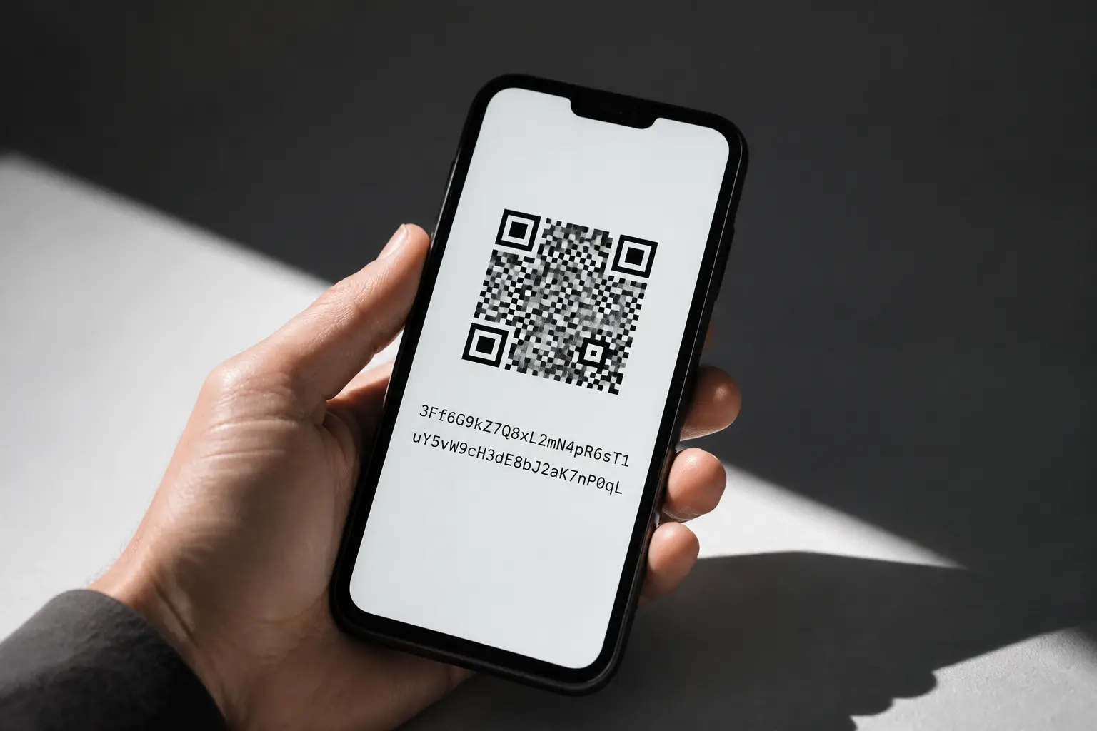 Смартфон с открытым криптокошельком, показывающий адрес и QR-код