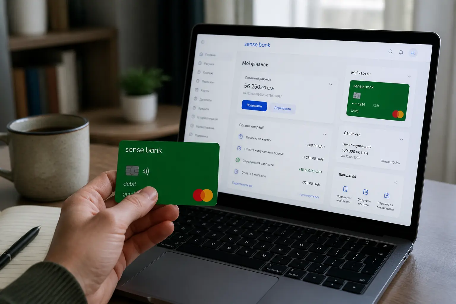 Клиент держит карту Sense Bank возле ноутбука с открытым мобильным приложением