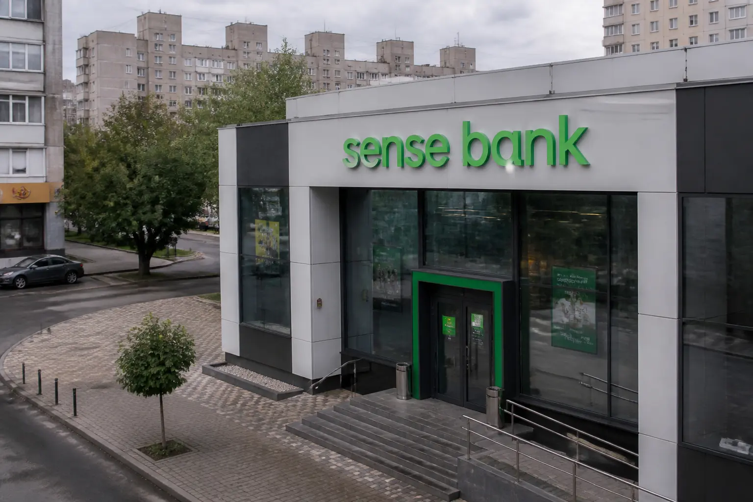 Фасад отделения Sense Bank с новым зелёным логотипом