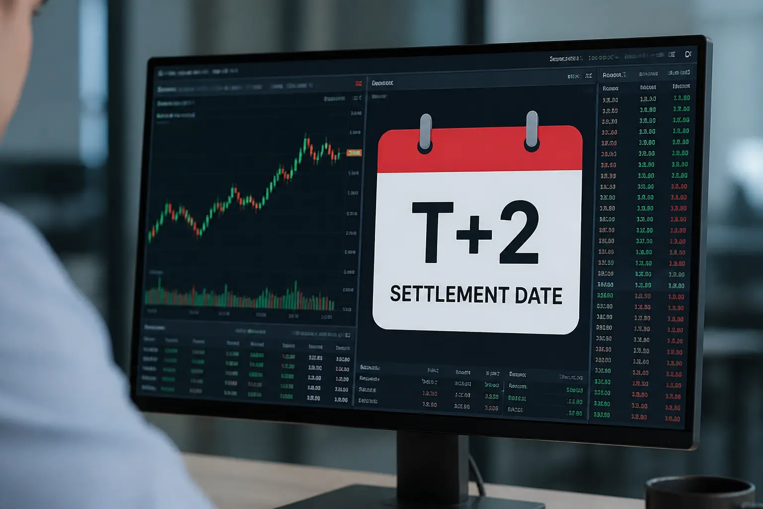 Монітор з торговою платформою та позначкою дати розрахунків T+2