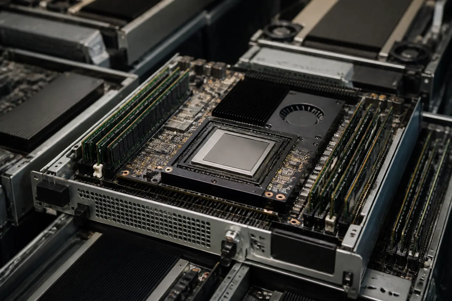 Графічний прискорювач GPU у серверному модулі AI-кластера крупним планом