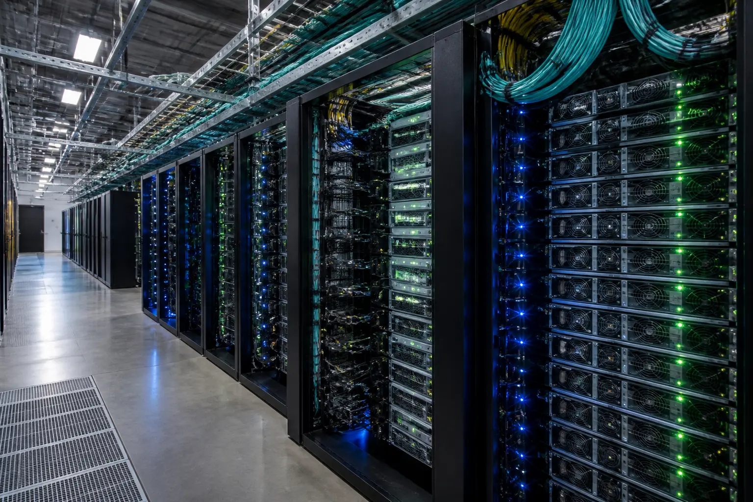 Зал дата-центру з рядами серверних стійок GPU-кластера для навчання моделей штучного інтелекту