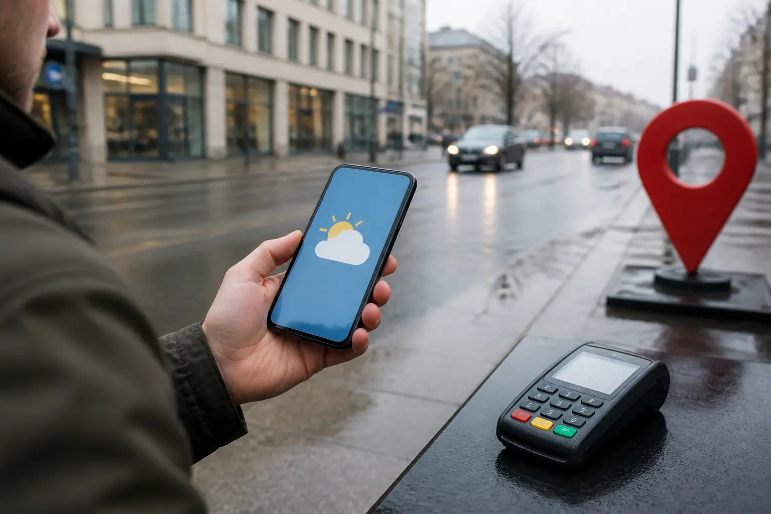 Смартфон з погодним застосунком, платіжний термінал і мапа