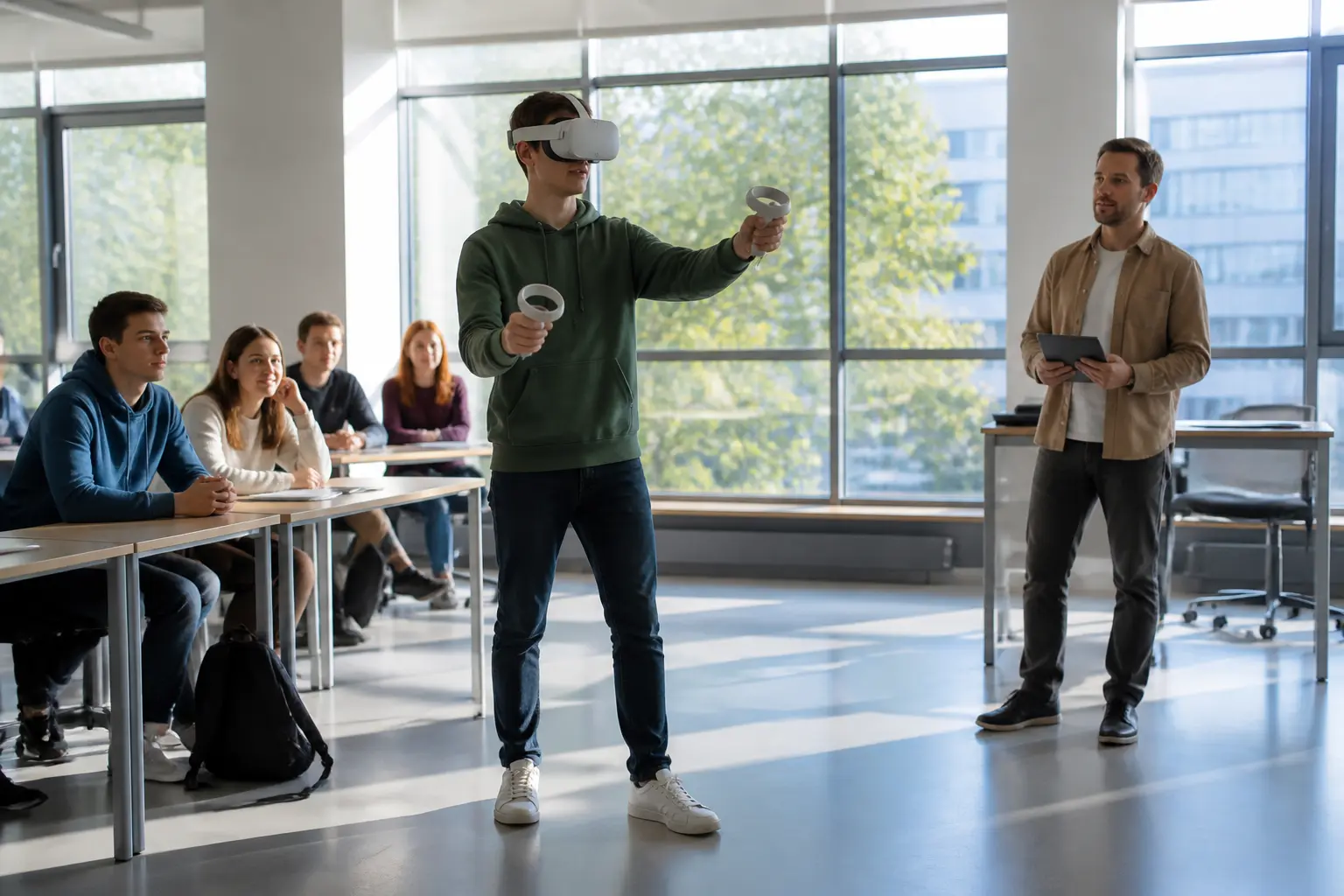 Студент у VR-шоломі під час заняття в аудиторії