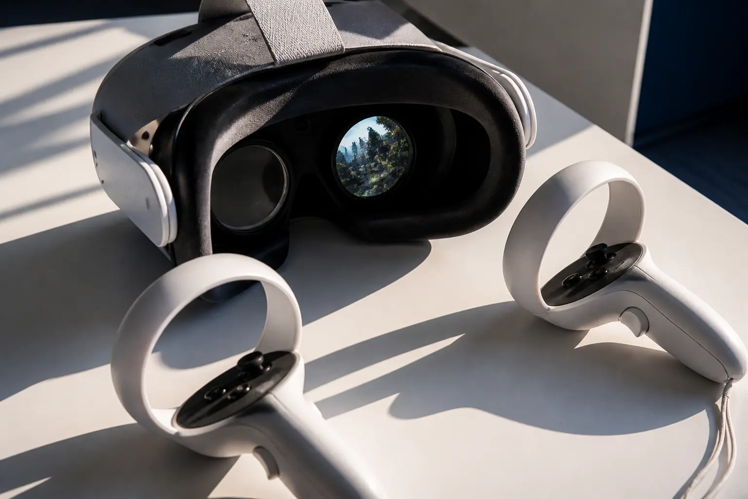 VR-шолом і контролери крупним планом на робочому столі