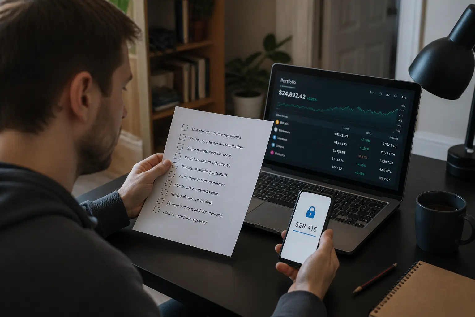 Інвестор переглядає чекліст безпеки поруч із криптопортфелем на ноутбуці