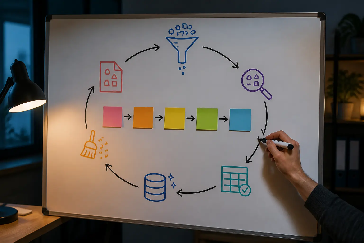 Схема этапов методологии очистки данных на белой доске