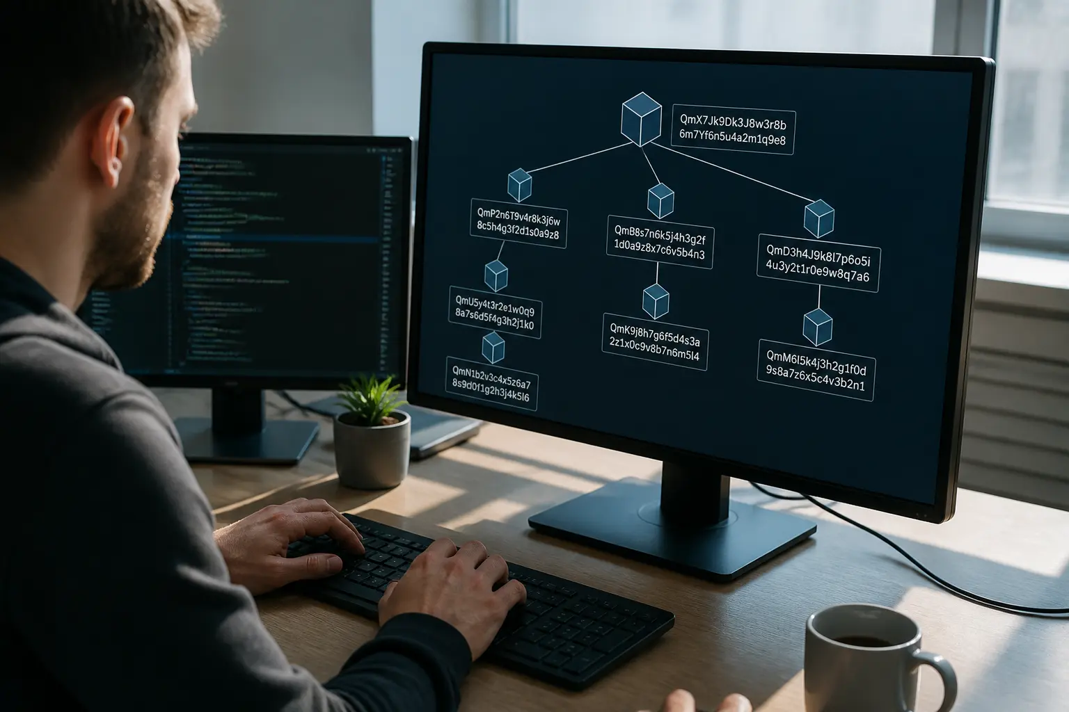 Розробник переглядає структуру Merkle DAG та CID в IPFS