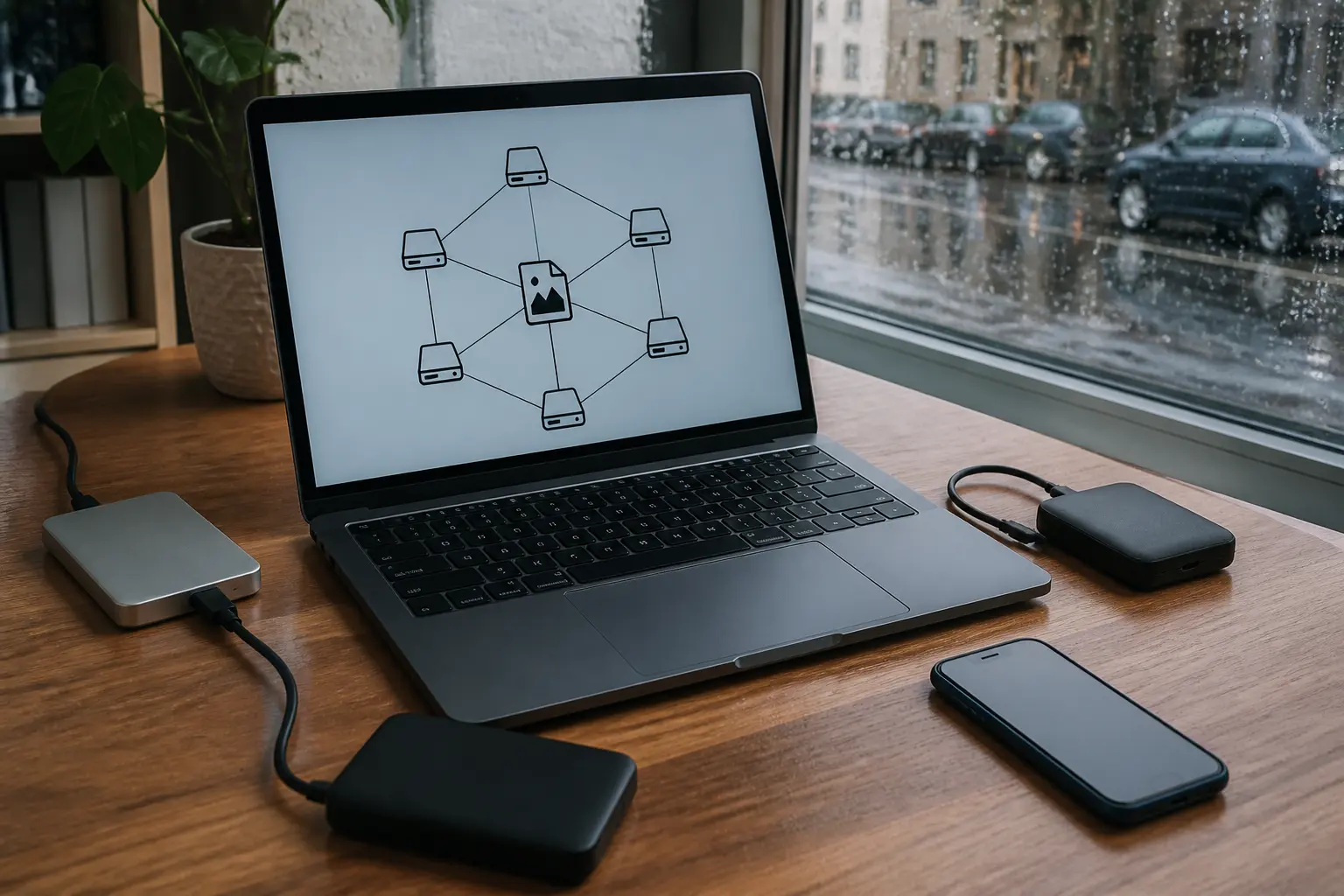 Децентралізоване сховище: ноутбук із діаграмою peer-to-peer мережі та зовнішні диски