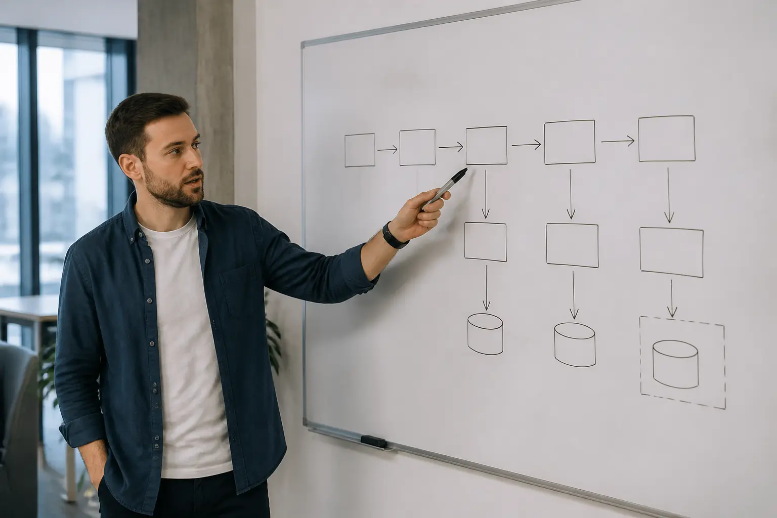 Інженер біля дошки зі схемою етапів впровадження DevOps