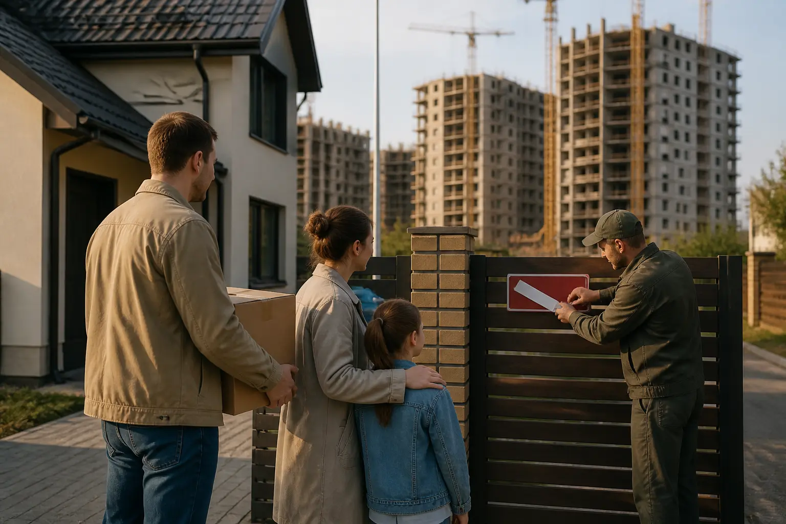 Родина біля нового житла на тлі будівництва — зростання економіки в повсякденному житті