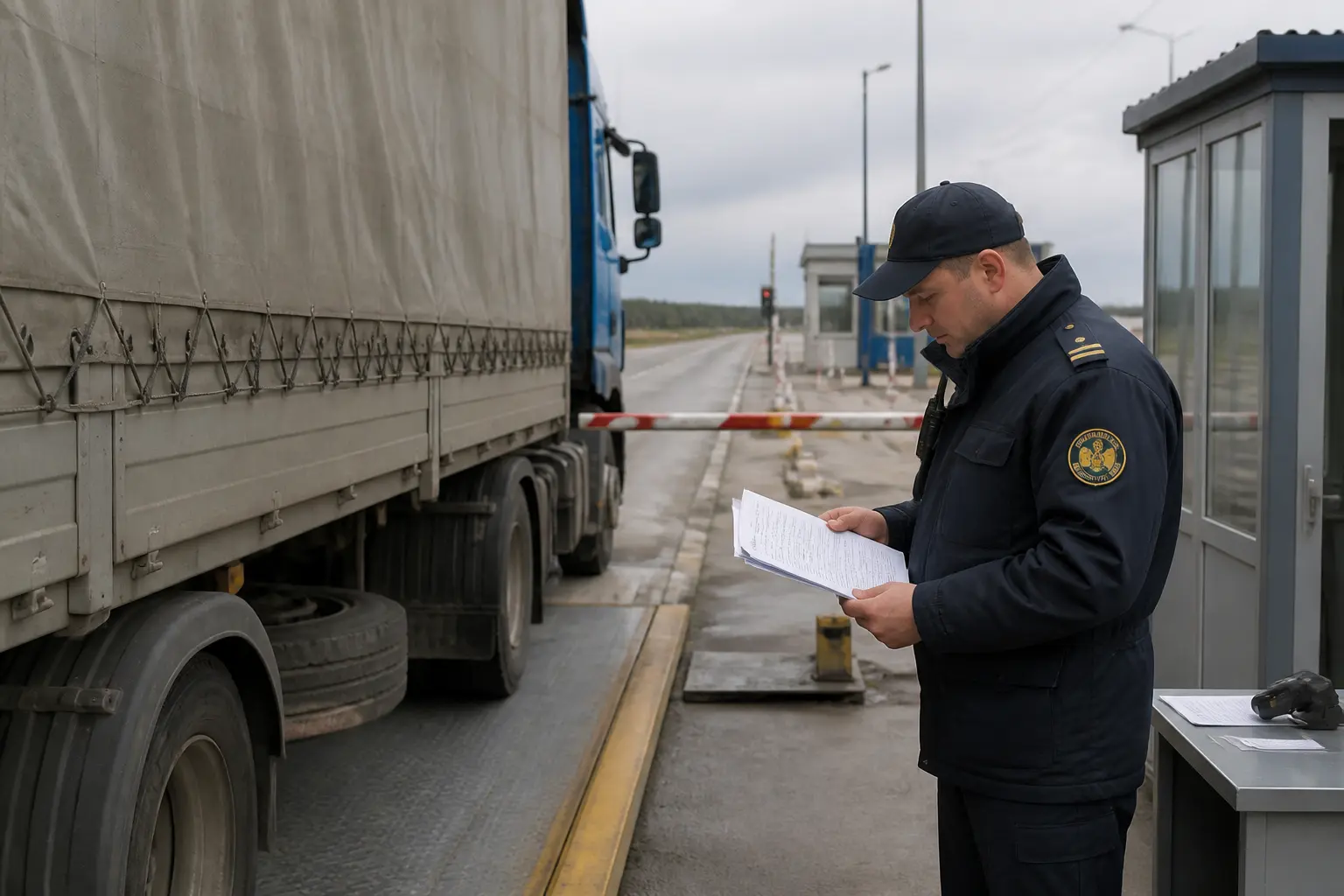 Митник перевіряє документи на вантажівку з товаром