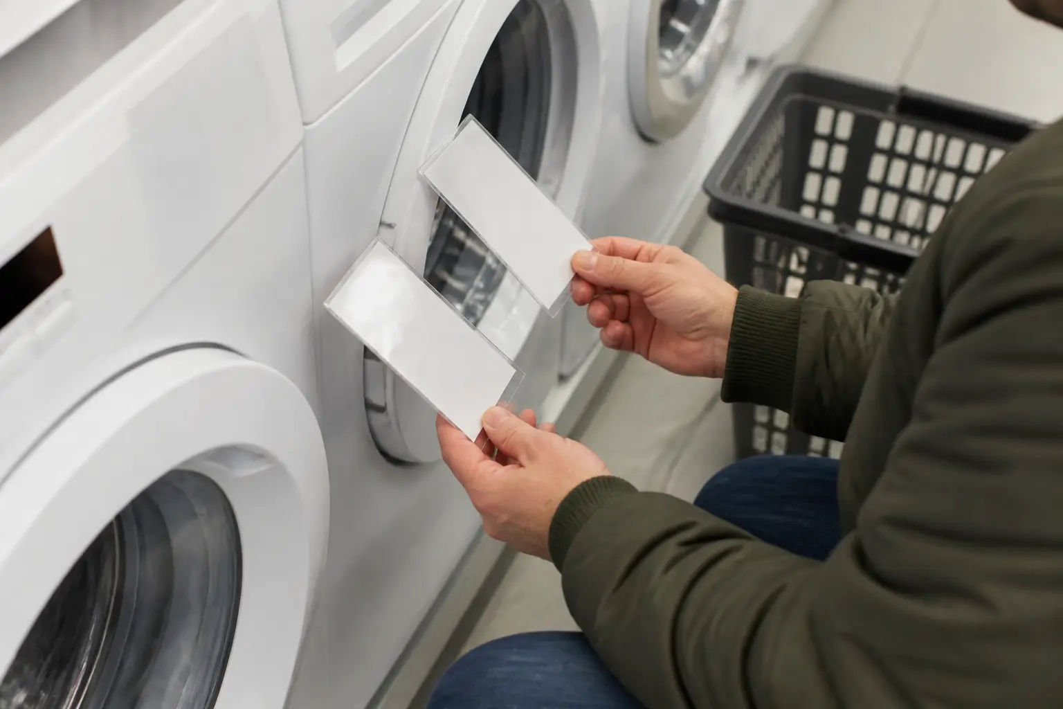 Покупець порівнює ціни на пральні машини в магазині техніки