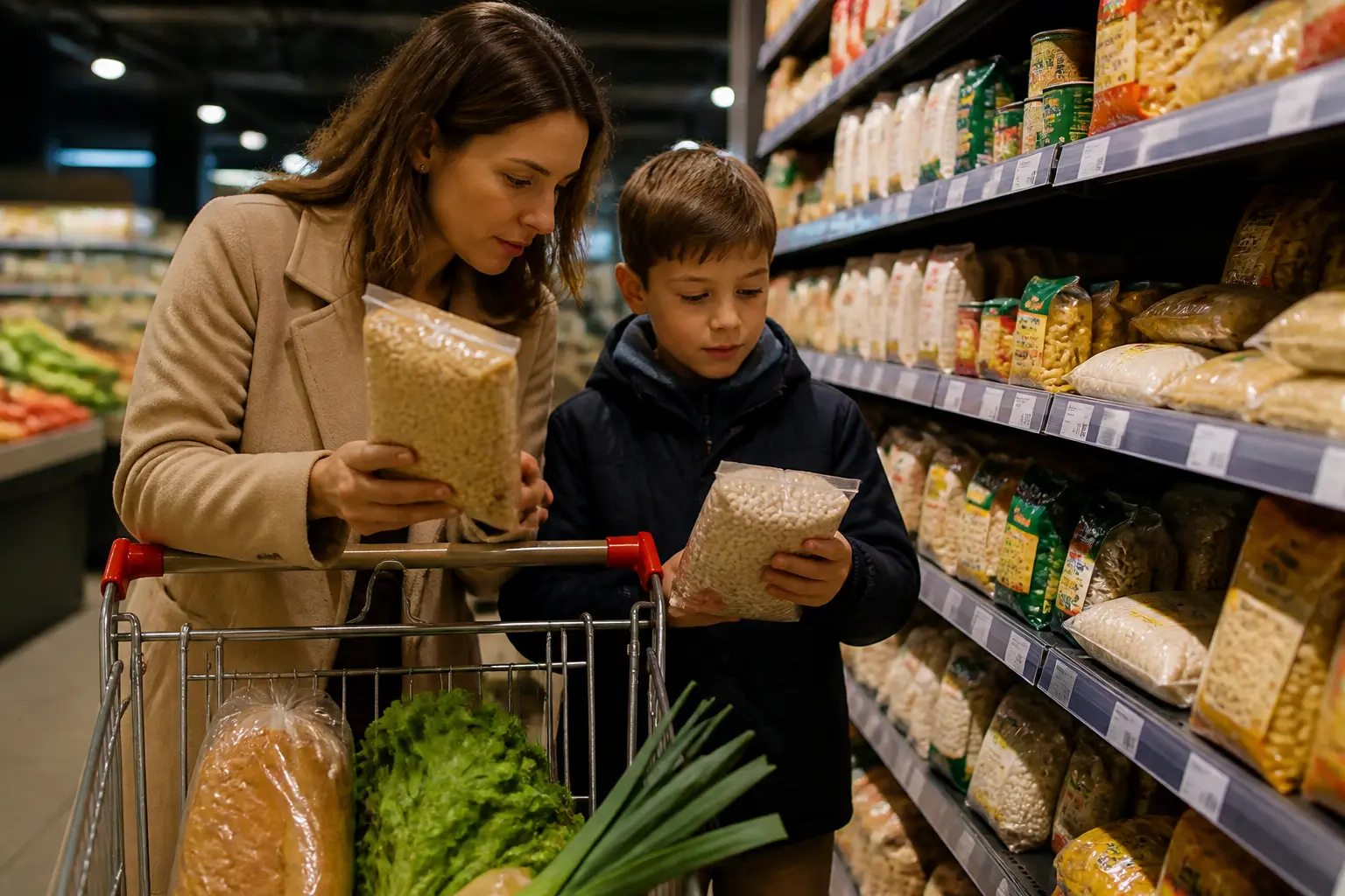 Батько з дитиною порівнюють товари на полиці продуктового магазину