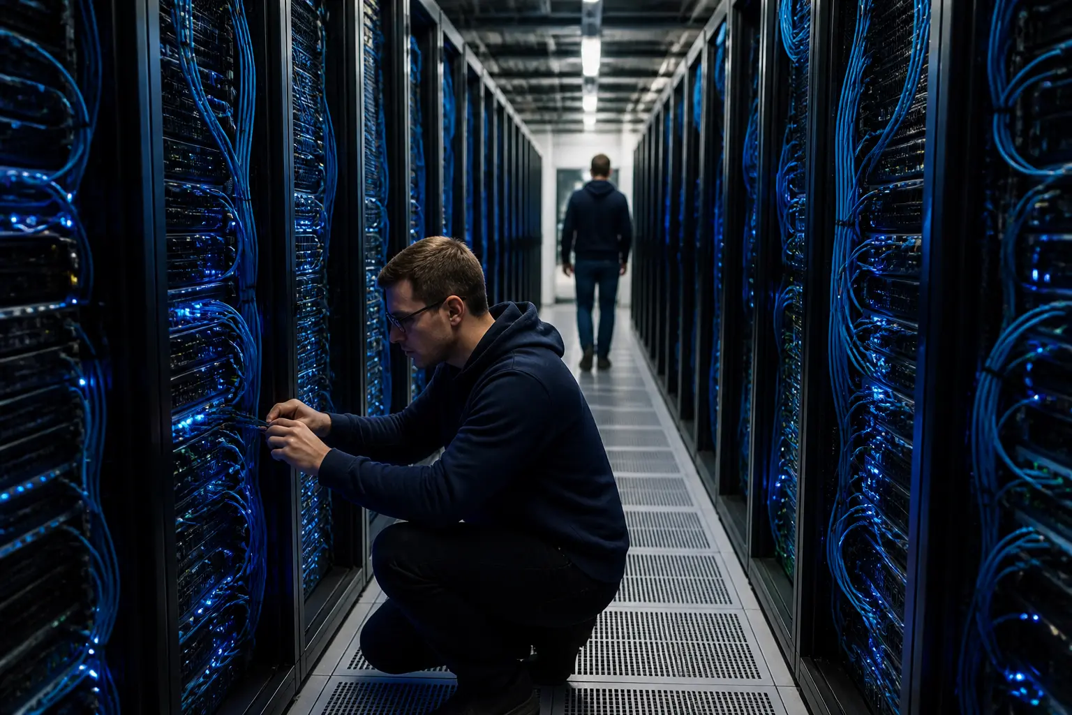 Серверна кімната з мережевими кабелями як образ криптоінфраструктури