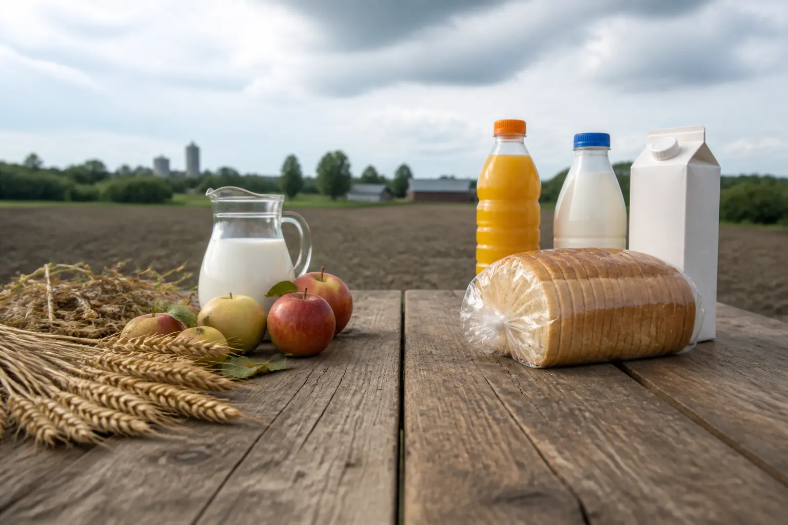 Від сировини до готових продуктів: пшениця, яблука, молоко, хліб і сік на столі