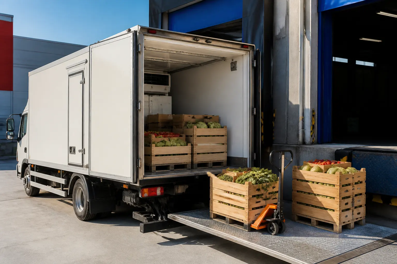 Рефрижераторна вантажівка під час розвантаження продуктів