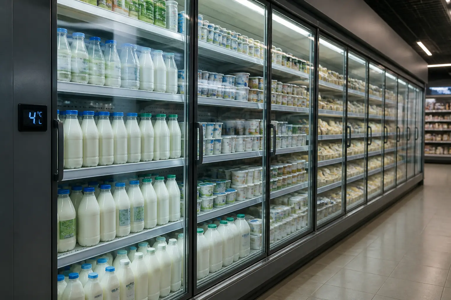 Полиця з охолодженою молочною продукцією в супермаркеті