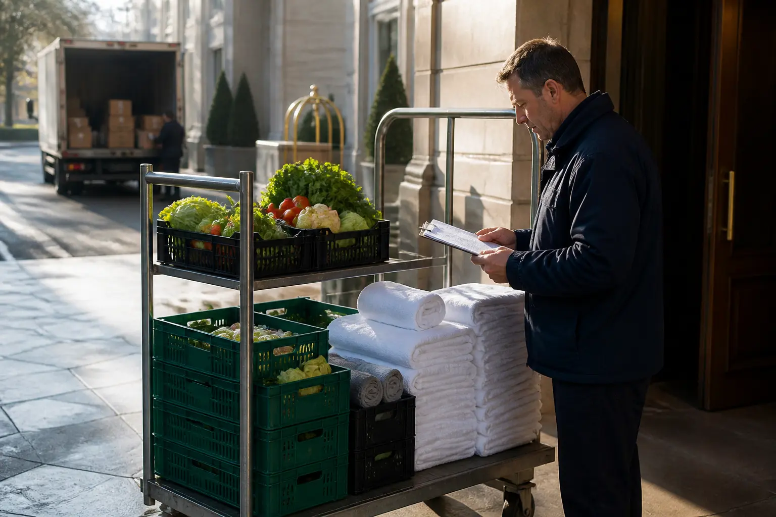 Поставка продуктів і текстилю до службового входу готелю