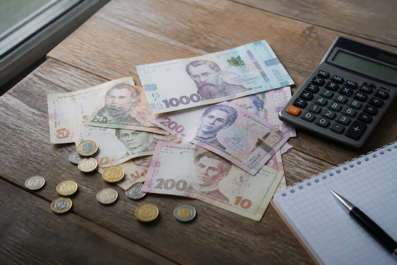 Українські банкноти й монети поруч із калькулятором