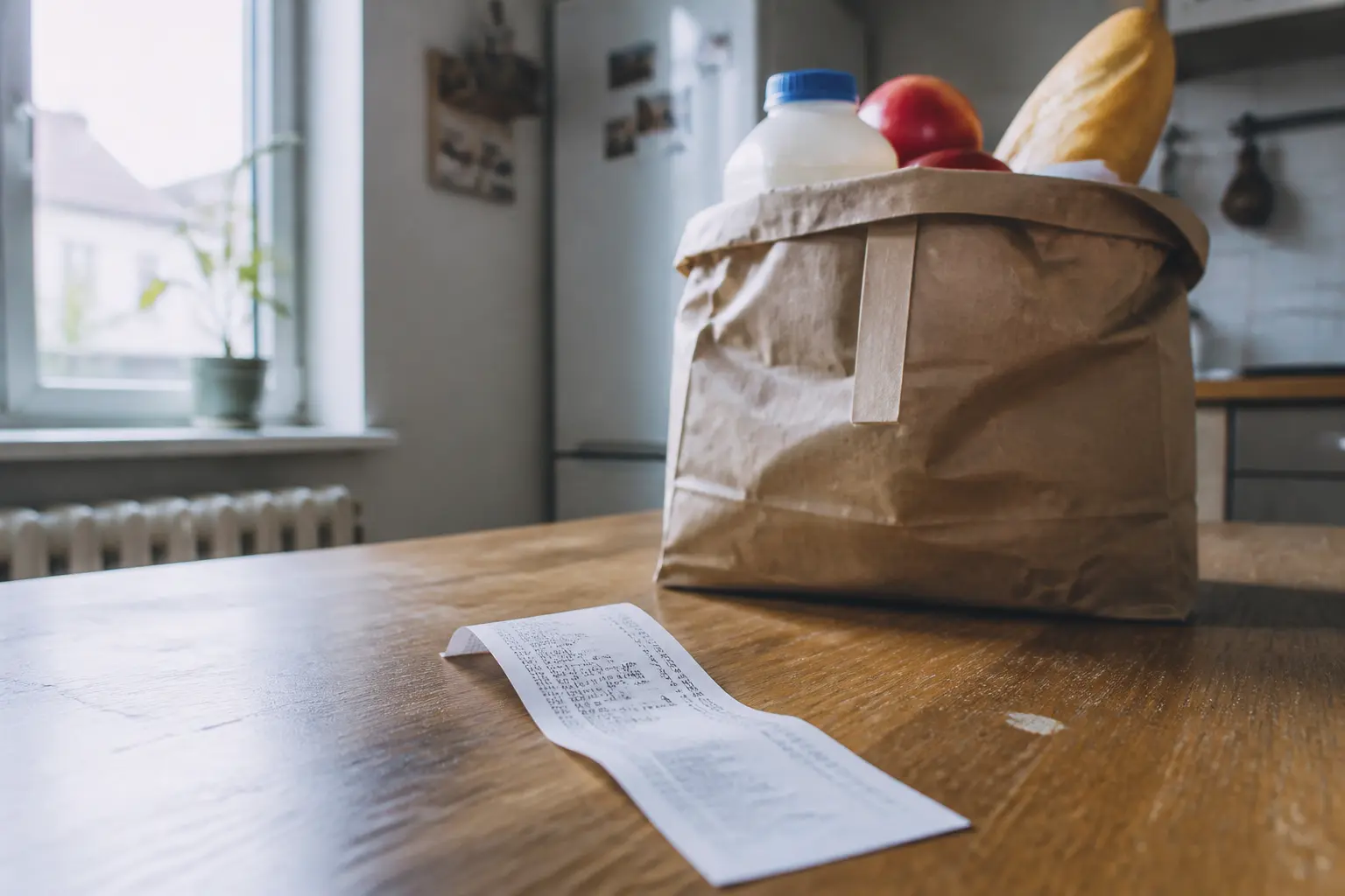 Чек із супермаркету поруч із продуктами на кухонному столі