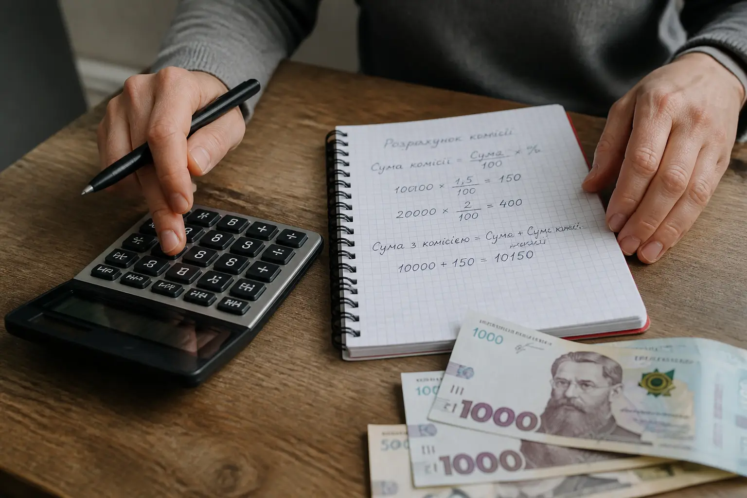 Расчет процента комиссии на калькуляторе с записями в блокноте