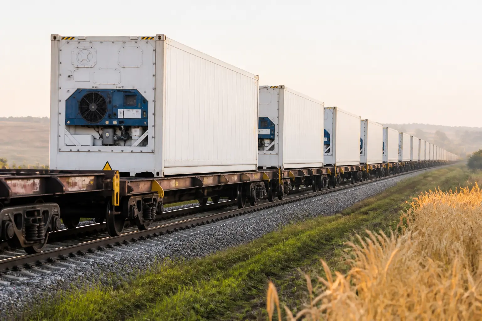 Рефрижераторные контейнеры на железнодорожной платформе среди полей