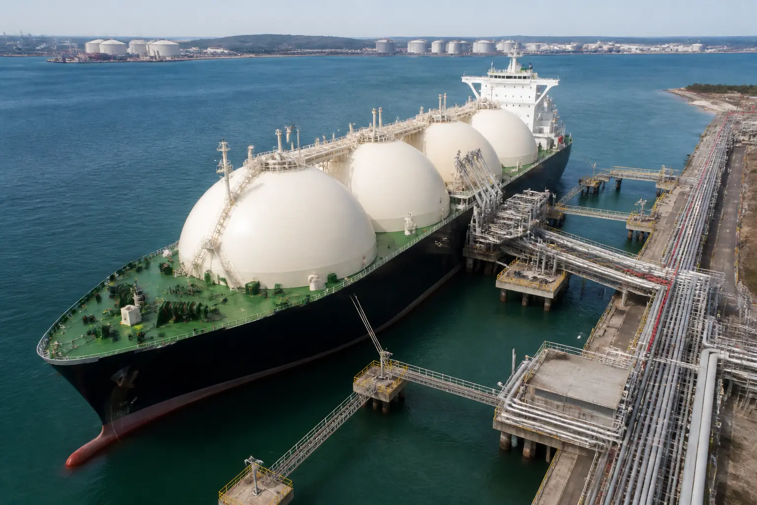 Танкер-газовоз LNG біля причалу приймального терміналу