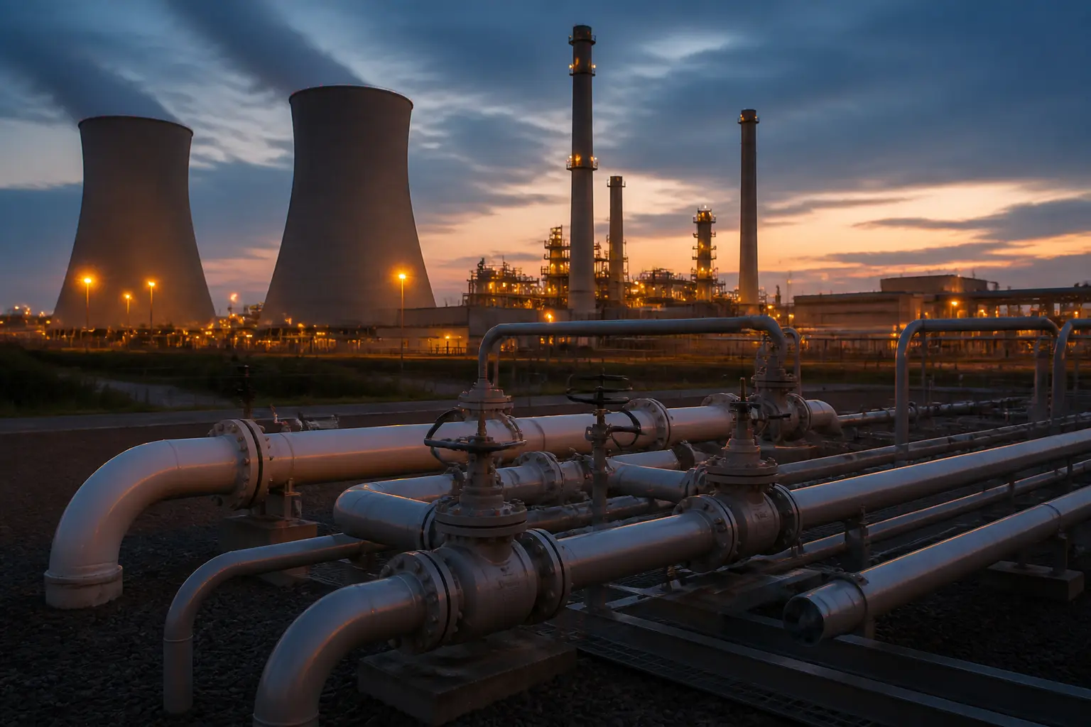 Газова електростанція та газопровідна арматура ввечері