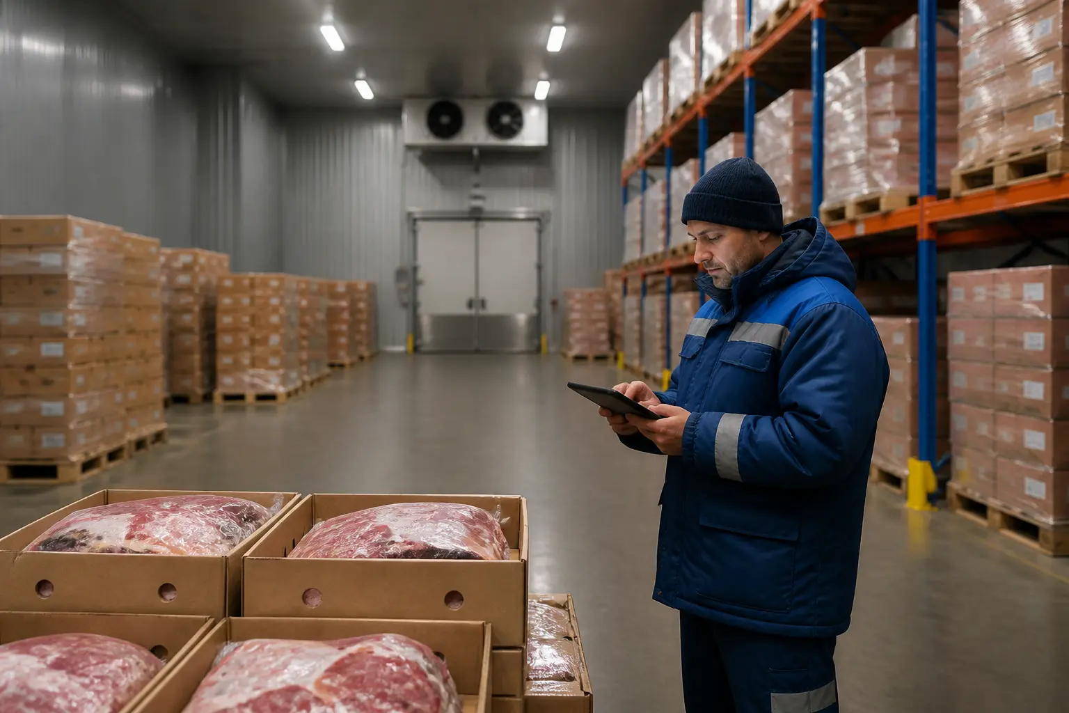Холодильний склад з м'ясною продукцією та працівником, що перевіряє дані