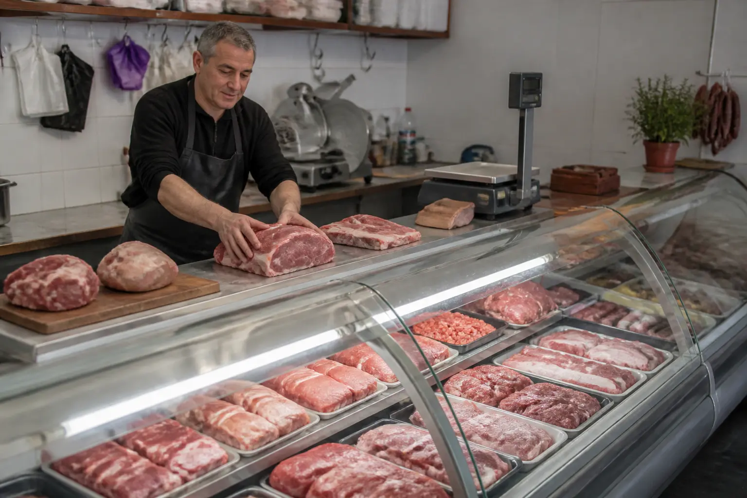 Невелика м'ясна крамниця з продавцем за прилавком