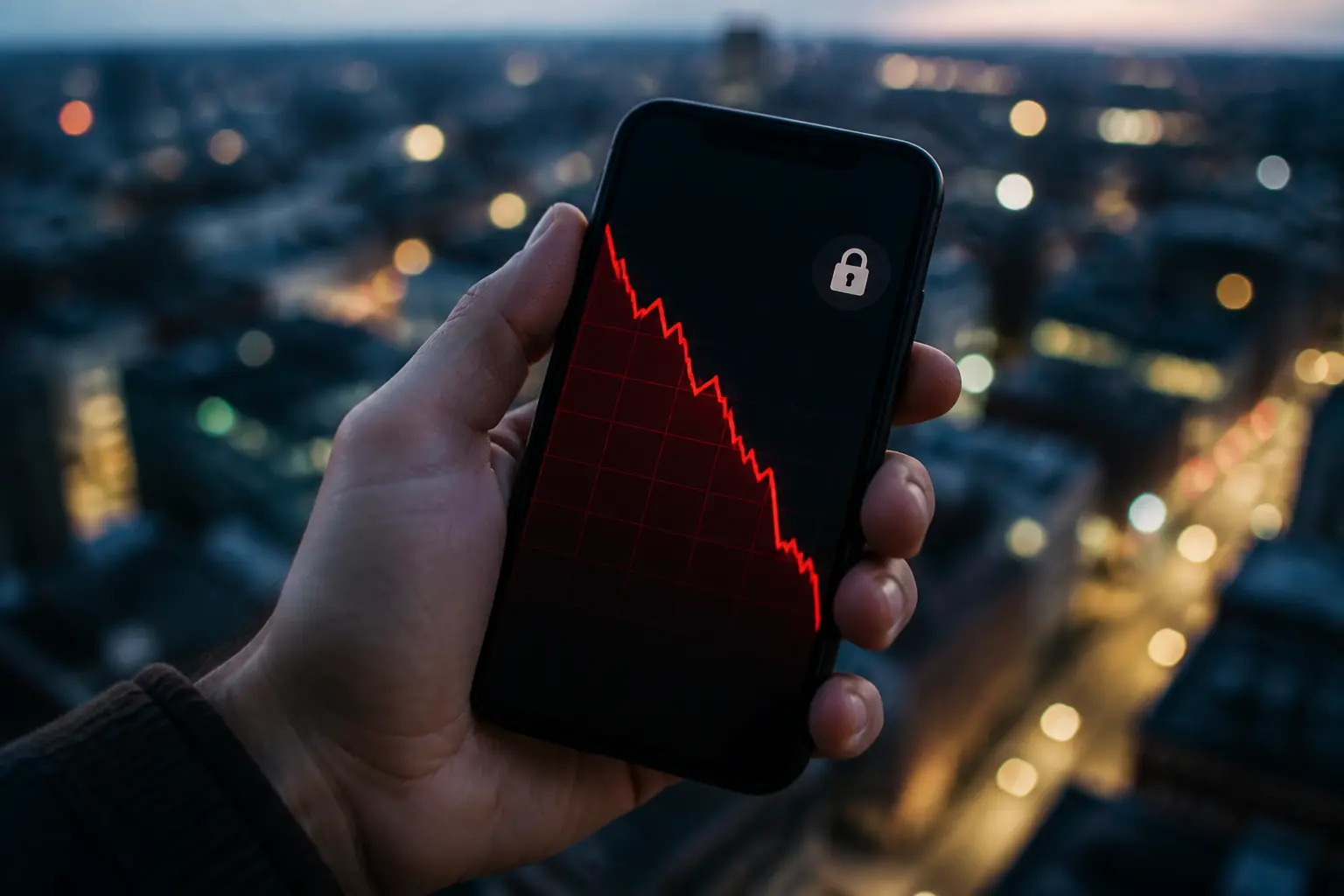 Смартфон із падаючим графіком портфеля в руці