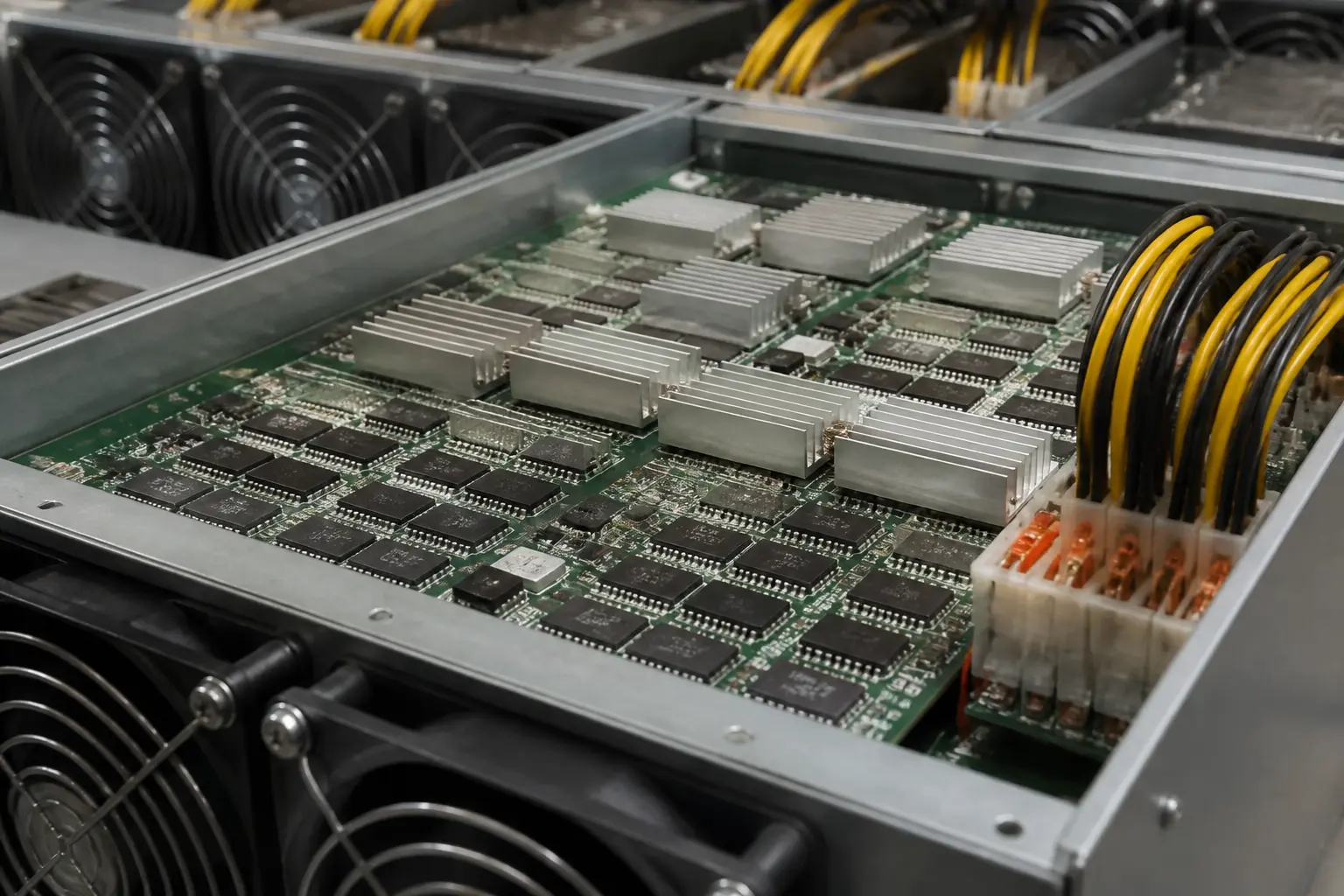 Плати ASIC-обладнання з мікросхемами та радіаторами, що виконують обчислення хешів