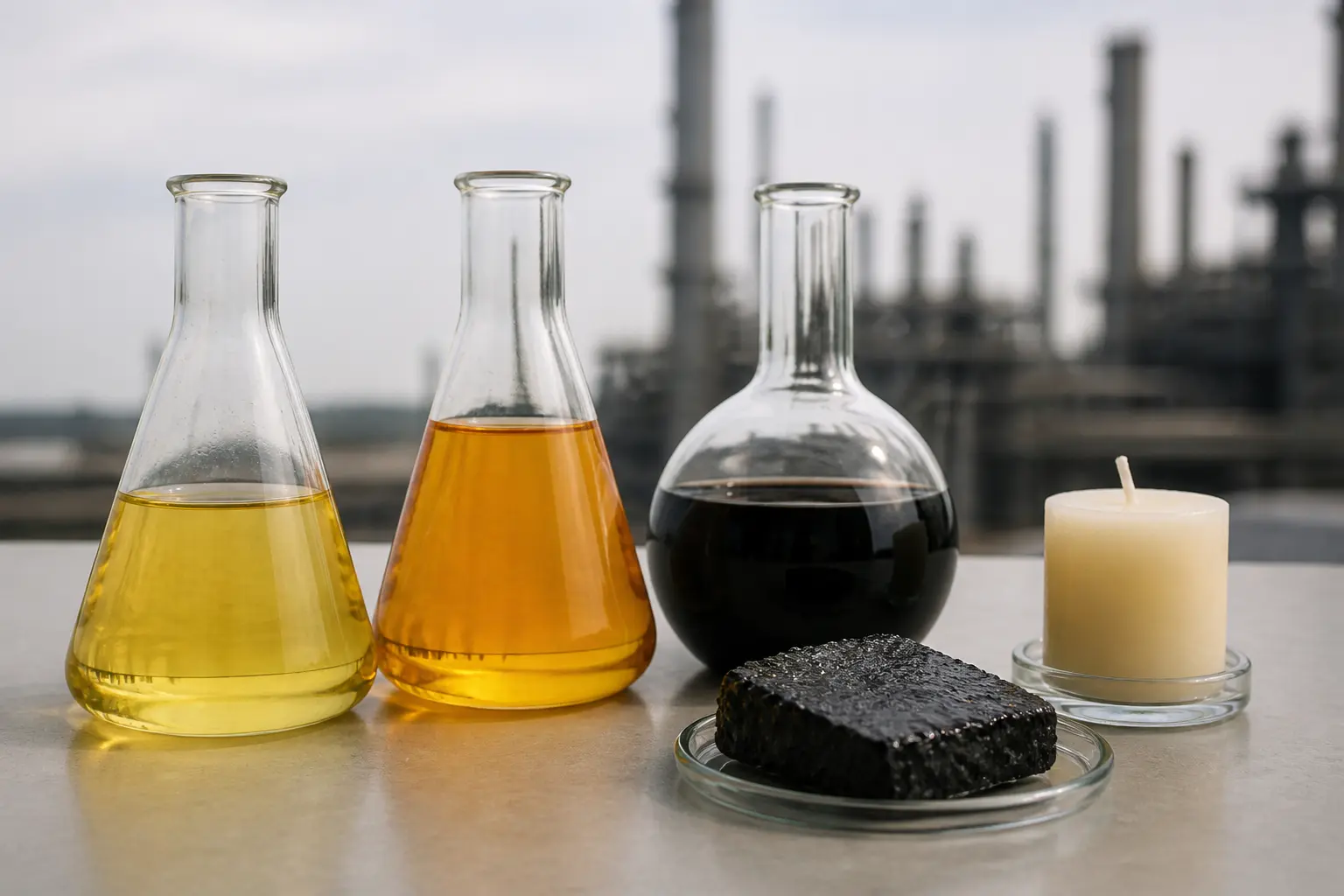 Зразки продуктів нафтопереробки у скляних колбах