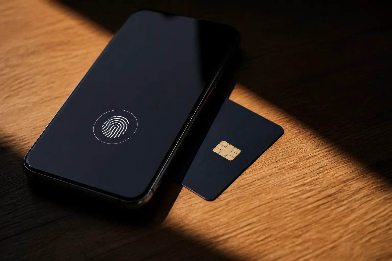 Смартфон с биометрической защитой и банковская карта на столе