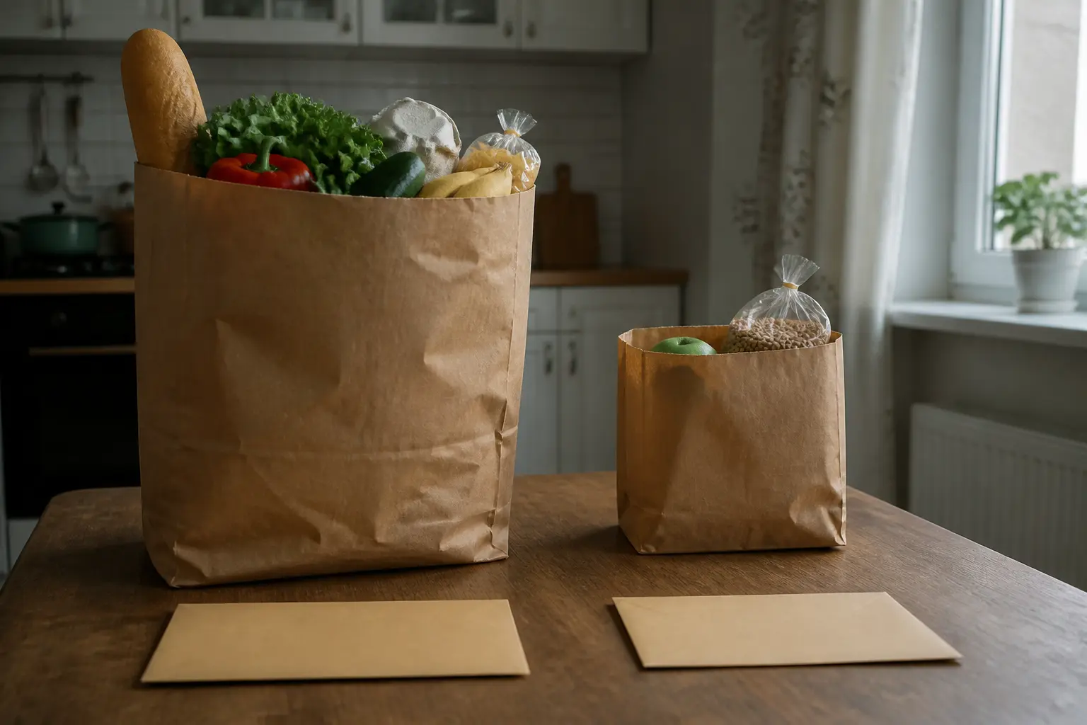 Два конверти із зарплатою поруч із продуктовими пакетами різного розміру