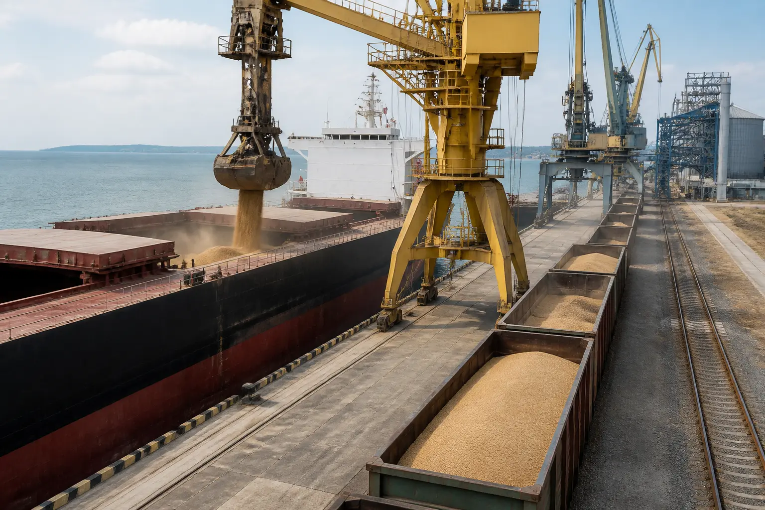 Перевалка вантажів у морському порту: судно біля причалу, крани та залізничні вагони