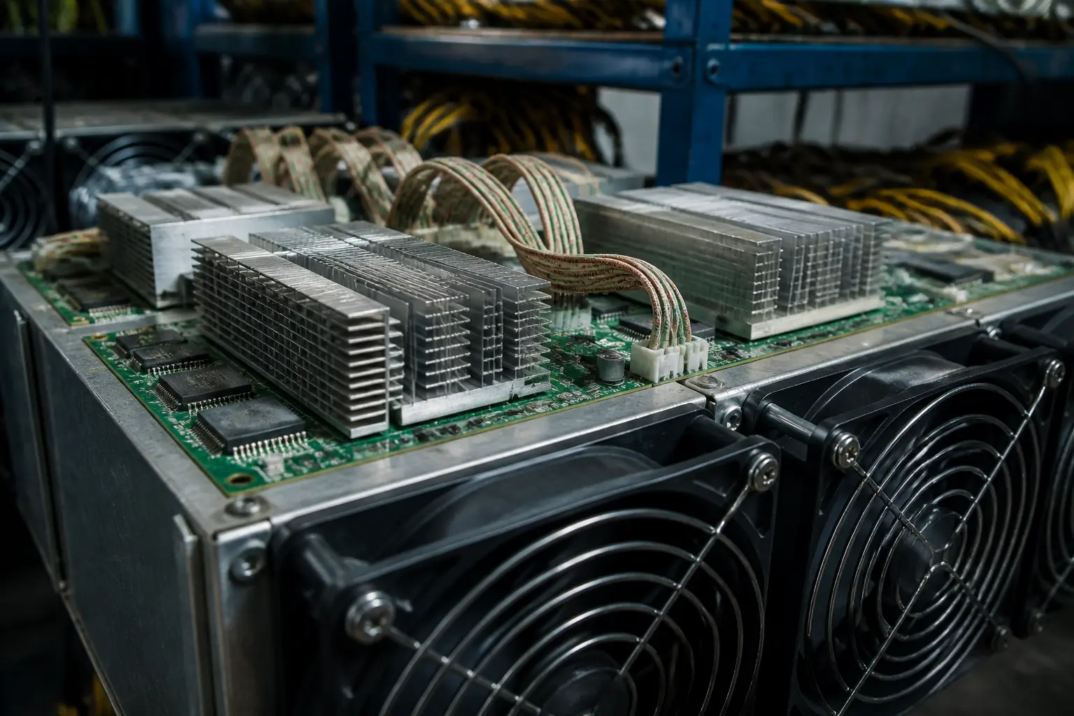 ASIC-пристрій для майнингу з радіаторами та вентиляторами охолодження