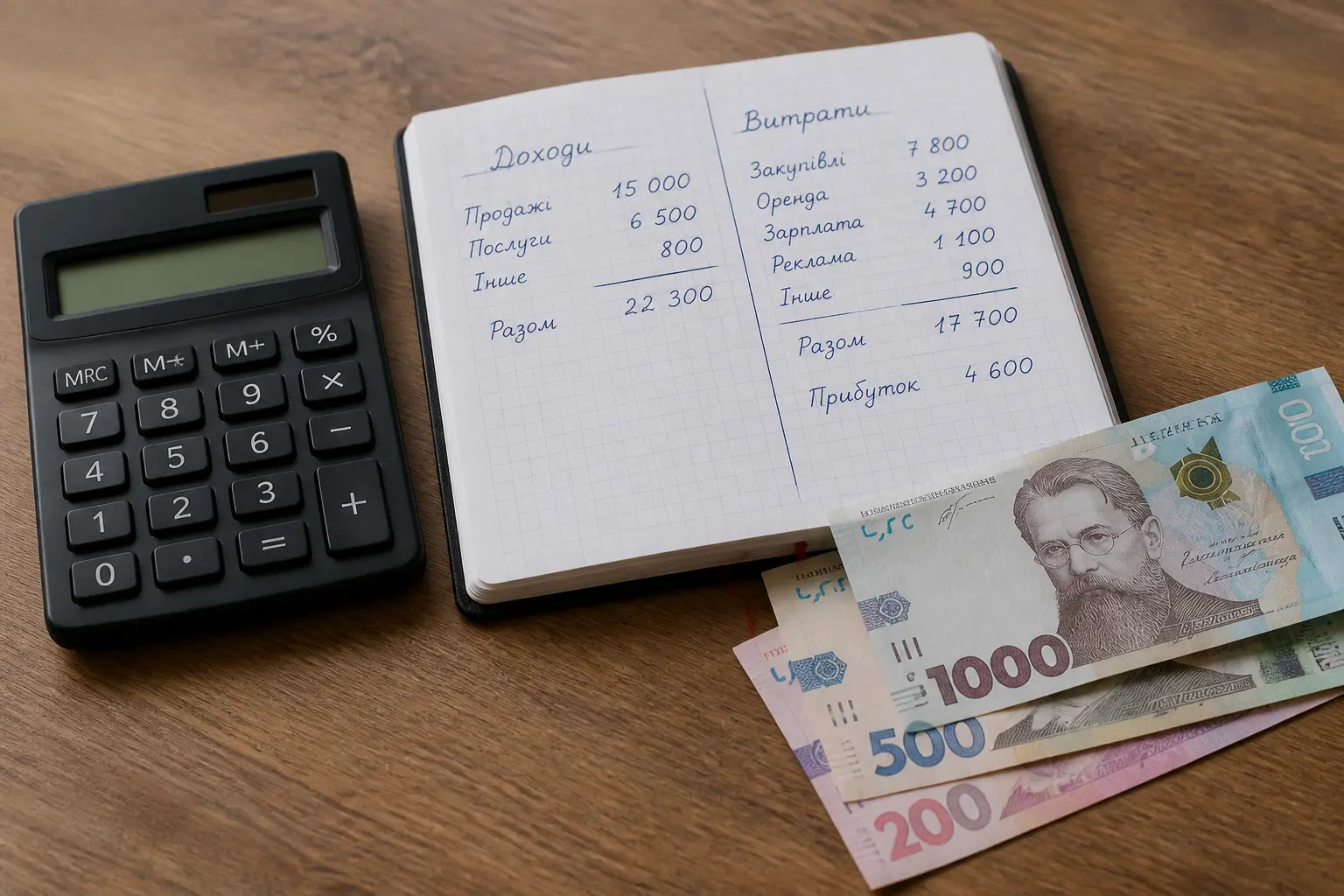 Калькулятор, блокнот із записами доходів і витрат та українські гривні на столі